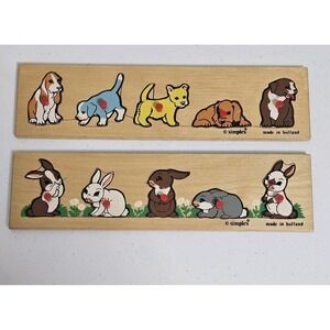Vintage Set Of 2 Simplex Wooden Puzzle Puppy Dog Rabbits Made In Holland EUC‎